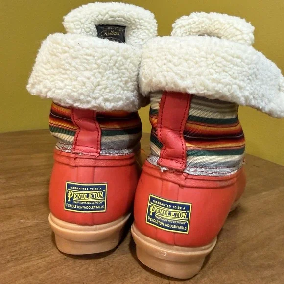 Pendleton US 8 Red Striped Roll-Top Faux Fur Lined Weather Duck Boots No Laces - Picture 6 of 12